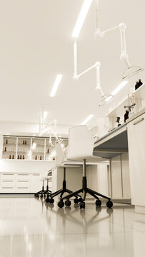 Laboratory workspace with white rolling chairs and scientific