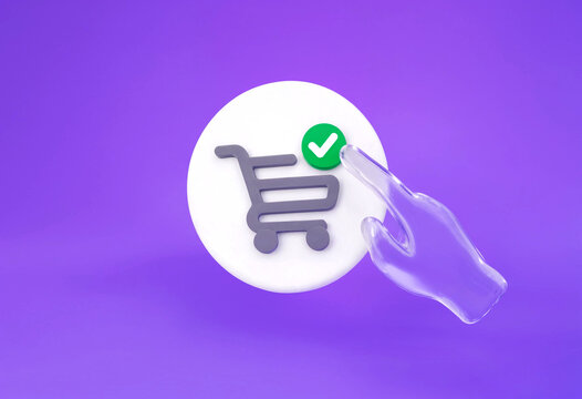 Shopping cart icon with green checkmark and hand clicking button