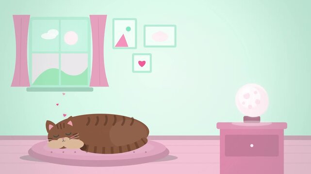 Brown cat asleep on pink bed beside moon lamp seamless loop