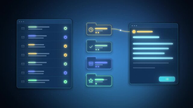 AI inbox rows checked off into folder tiles with a reply composer