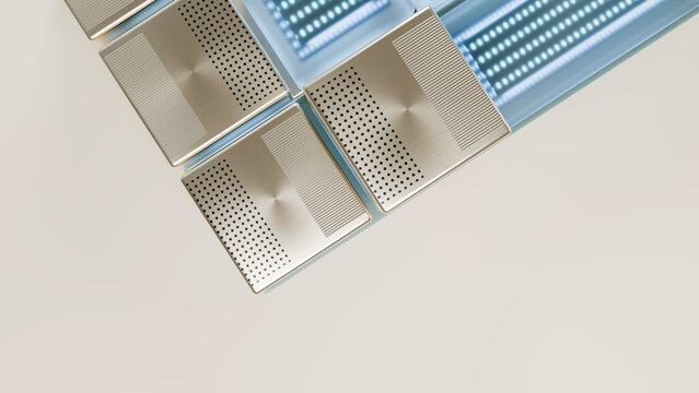 Square perforated metal tiles beside blue glass tiles