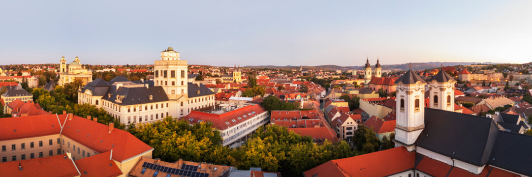 Eger cityscape with historic towers at Sunrise in Hungary