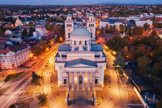Cathedral basilica of st john the apostle in Eger cityscape at dusk