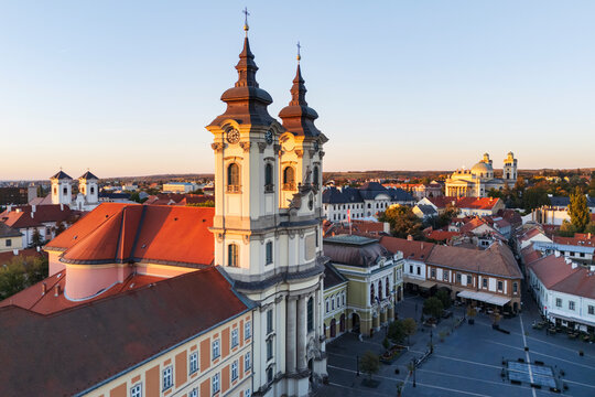 Minorite Church at Dob&oacute; Square at Sunset in eger Hungary