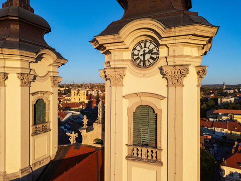 Towers of the Minorite Church at Sunrise in eger, Hungary