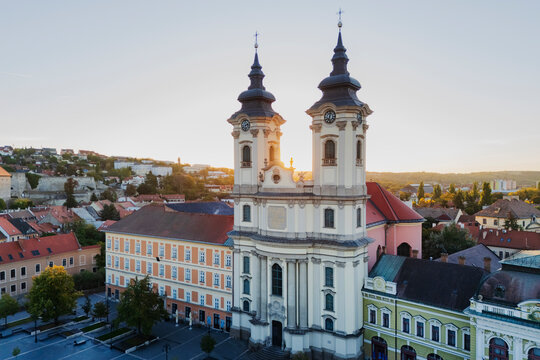 Minorite Church at Dob&oacute; Square at Sunrise in eger Hungary