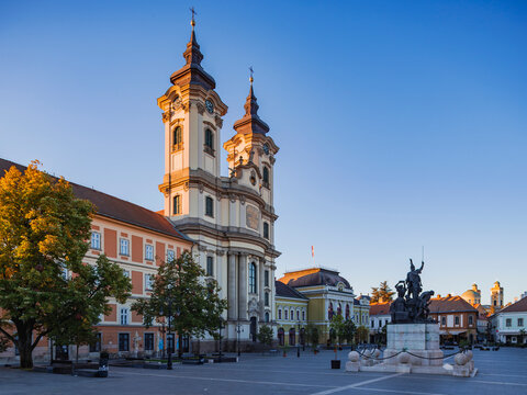 Minorite Church towers and statue in a church
