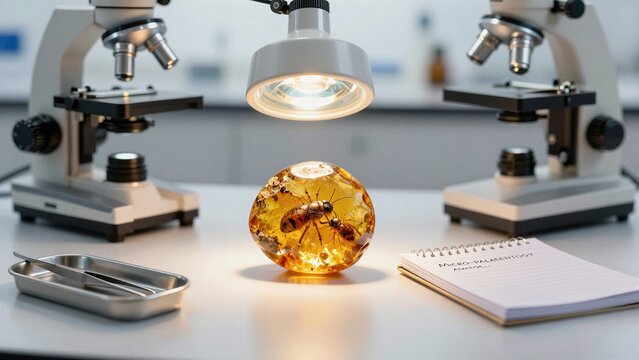 Scientific study of preserved insects within amber under laboratory microscopes for paleontological research.