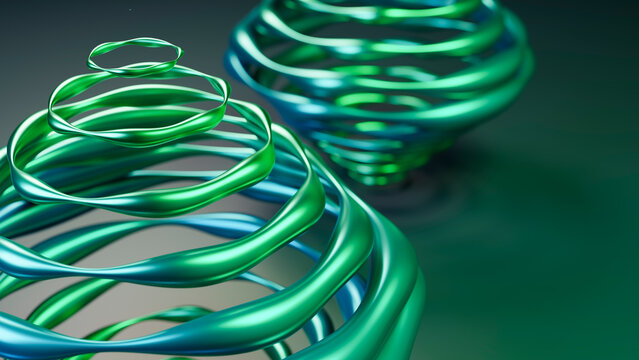 Abstract digital illustration of twisted green and blue spiral shapes