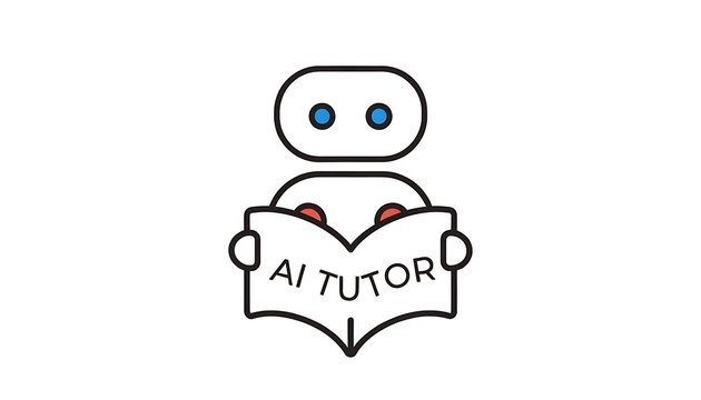 Cute robot holding open book labeled AI tutor for educational