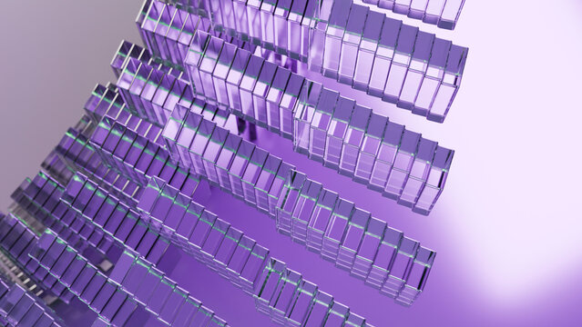 Rows of transparent glass blocks arranged in abstract 3d composition