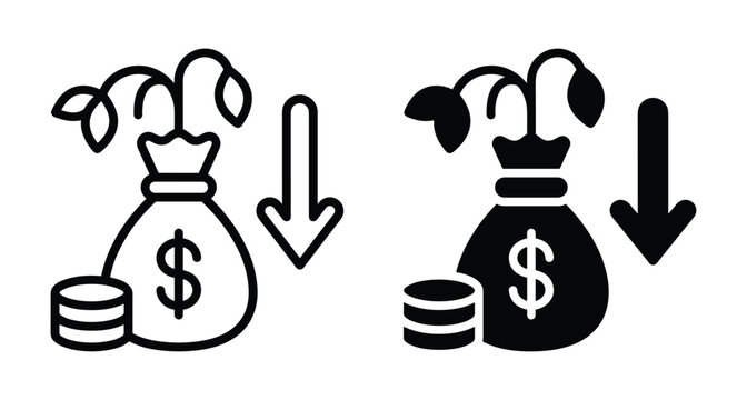 Financial loss icon set showing money bag with dollar sign wilting plant and downward arrow representing economic decline and bankruptcy