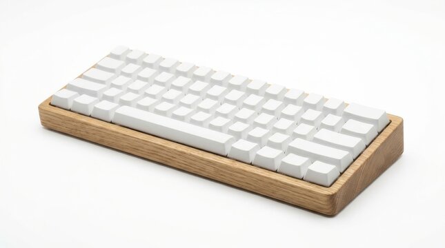 Minimalist mechanical keyboard with light oak wood frame and blank white keycaps on white backdrop