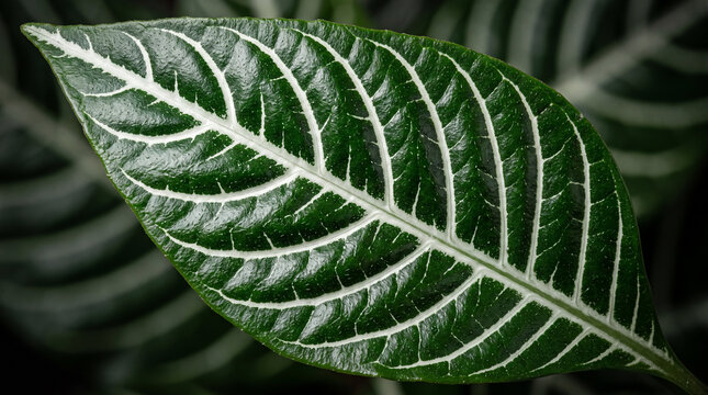Extreme macro photograph of a rare Aphelandra squarrosa leaf with bold stark white veins on dark green foliage in a diagonal composition
