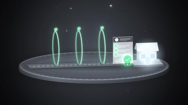 Loan application passing three green check rings to a house on black