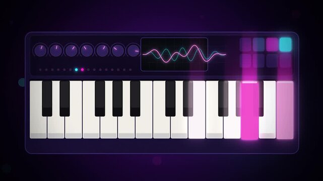 Purple synthesizer keyboard with scope and pads seamless loop