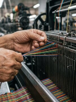 Close-up of a senior textile worker threading colorful warp threads into an industrial loom