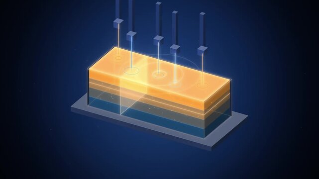 Isometric data lake with orange layer filling seamless loop on navy