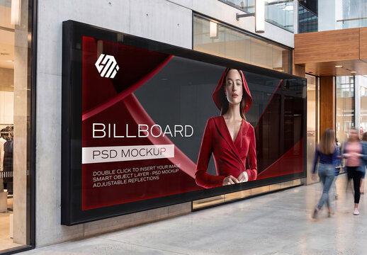 Huge Long Billboard in Bright Modern Shopping Mall Interior Mockup