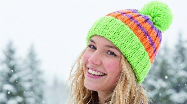 Smiling Young Woman Wearing Bright Neon Colorful Knitted Pom Pom Beanie Hat Outdoors During Snowy Winter Day for Christmas Holiday Vacation Activity