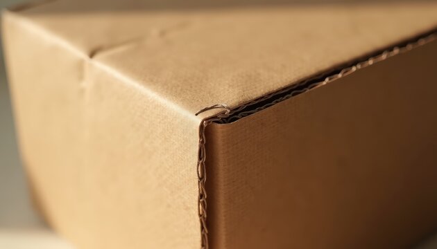 Close-up detail of a cardboard box edge showing corrugated paper texture and twine binding. The warm-toned kraft box is photographed with shallow depth of field and natural lighting.