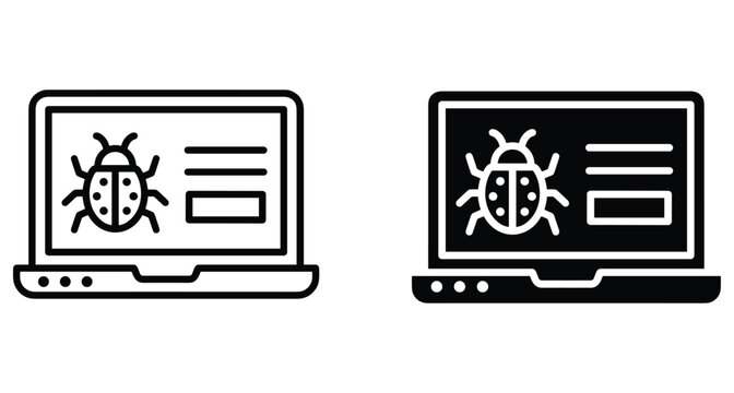 Laptop computer screen with software bug icon showing malware virus error or debugging process in outline and solid glyph styles