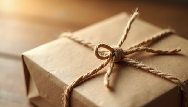 A kraft paper package tied with natural twine and decorative dried grasses in warm sunlight. The rustic gift wrapping features earthy tones and organic textures.