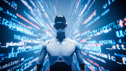 Fototapeta premium Humanoid AI robot assistant in bright coding tunnel background.