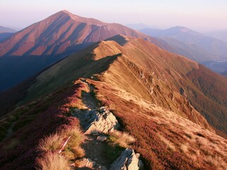 Naklejka premium Mountain ridge with path and heather at sunrise