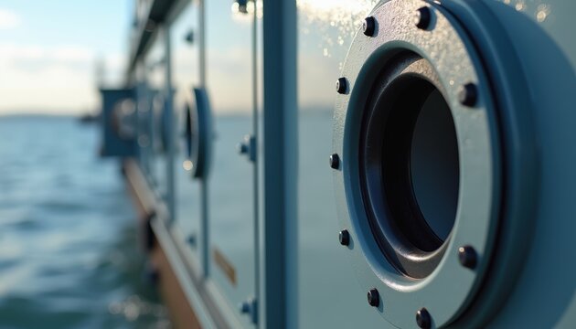 A close-up of a ship's porthole with bolted metal frame overlooks calm ocean waters and distant coastline. The circular window features industrial rivets and weathered gray paint with bright...