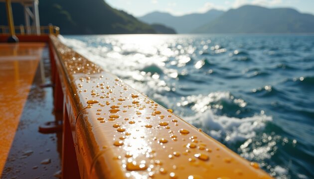 Water droplets rest on a wooden ship railing with sparkling ocean waves and misty mountains visible in the background. Bright sunlight reflects off the wet surface during a scenic coastal voyage.