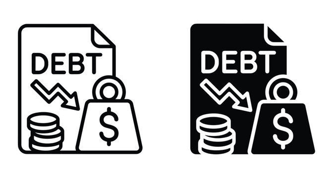 Debt reduction icon set showing financial document with downward arrow coins and heavy dollar weight representing economic burden and bankruptcy risk management