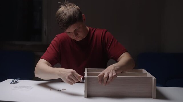 Concentrated young caucasian man sitting at white desk in room, assembling piece of flat pack wooden furniture with hex key and screws, building new drawer. Shooting in slow motion.