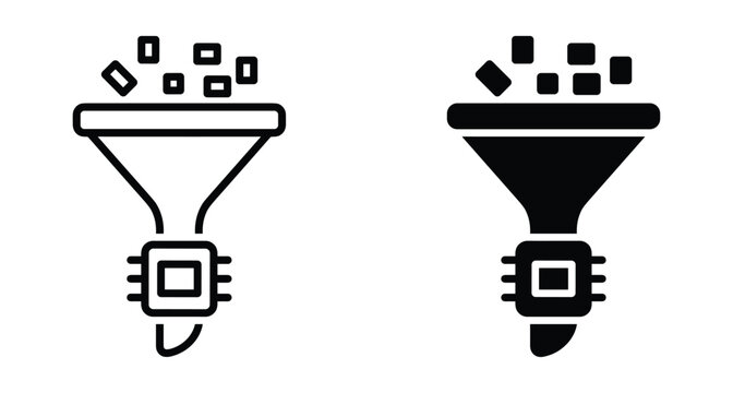 Data processing funnel icon set with microchip representing digital information filtering big data analysis technology and machine learning automation concepts