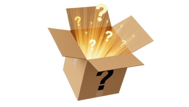 Cardboard box with question marks emerging from bright light, isolated on transparent background