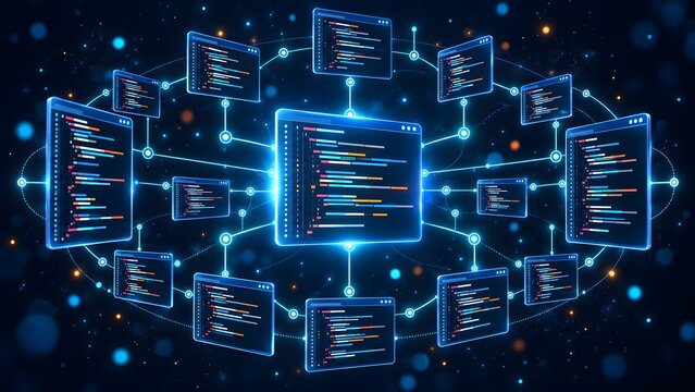 Abstract visualization of software development and cloud computing network with floating code windows and interconnected data nodes for cybersecurity and digital transformation concepts.