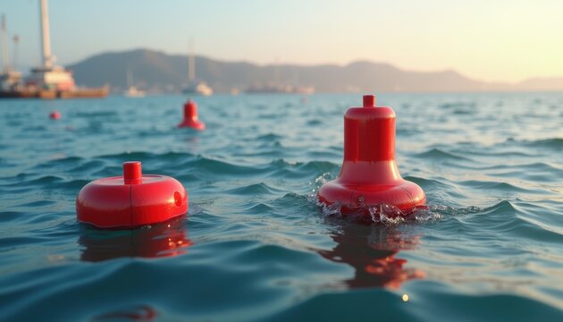 Red buoys float on calm blue water in a coastal harbor at sunset, with sailboats and mountains visible in the soft background light.