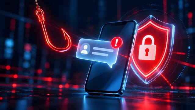 Cyber security concept showing a phishing attack on a generic smartphone with a glowing red fishing hook targeting a message notification and a protective padlock shield against digital data theft.
