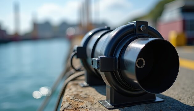 Industrial metal pipe with clamps sits on a waterfront dock overlooking a harbor with blurred city skyline. The polished steel tubing and black fasteners catch bright sunlight.