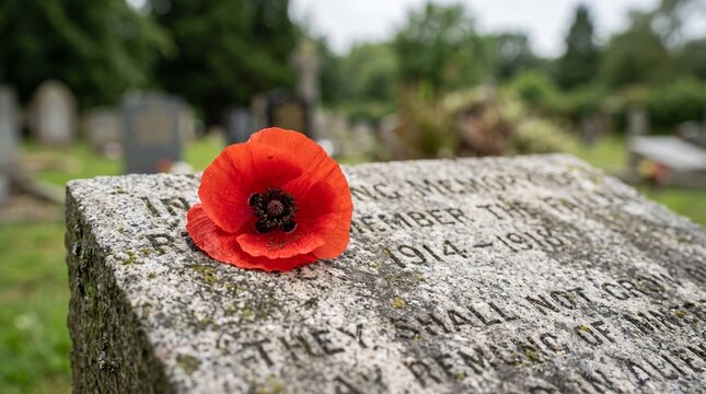Red poppy flower on a stone gravestone commemorating World War One in a cemetery.