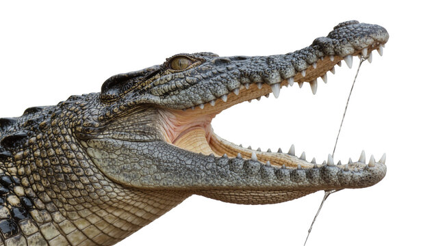 Crocodile head with open mouth showing sharp teeth and saliva, isolated on transparent background