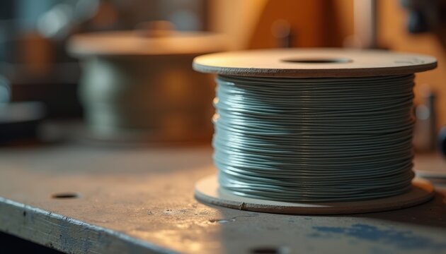 A spool of teal-colored wire or cable with a wooden flange sits on a work surface in an industrial workshop setting. Warm sunlight illuminates the detailed texture of the wound filament against a...