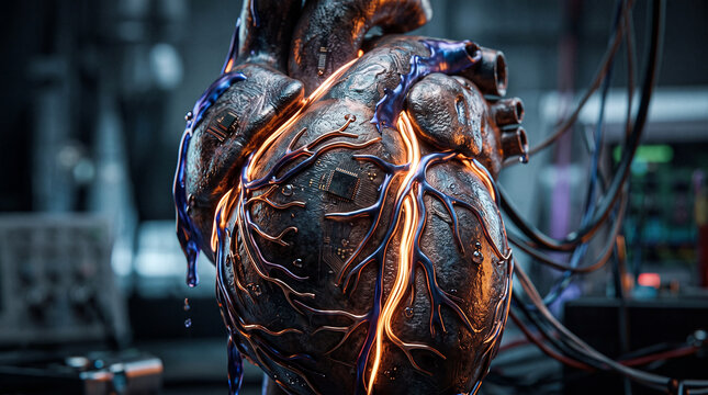 Mechanical steampunk heart with glowing orange veins dripping thick blue liquid in a dark laboratory setting. 