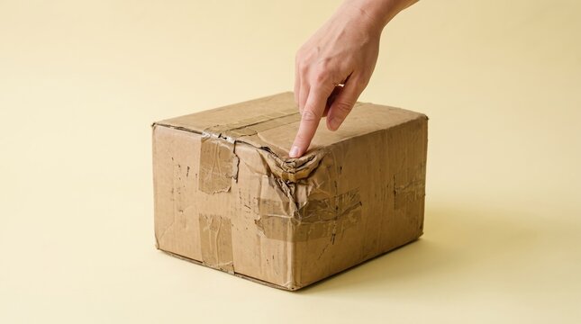 hand pointing at a damaged and dented brown cardboard delivery package on a beige background.