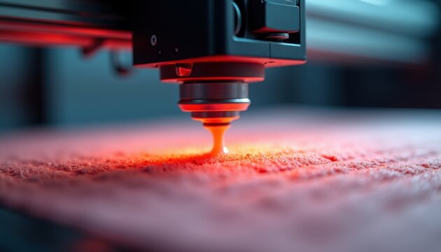 A laser engraving machine with glowing red laser beam marks the surface of a textured material. The industrial equipment demonstrates precision manufacturing technology in action.