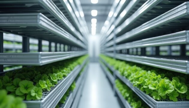 Modern vertical farm with rows of leafy greens growing under bright LED lights in a controlled indoor agricultural facility. Metal shelving and hydroponic systems create a sustainable food...