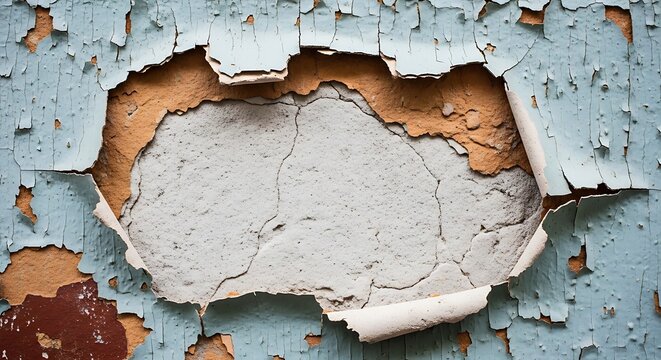 Close up of peeling blue paint on an old weathered wall texture.