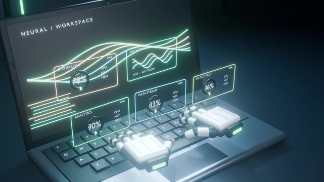A robot is typing on a laptop data analysis person code bg able to loop endless 4k