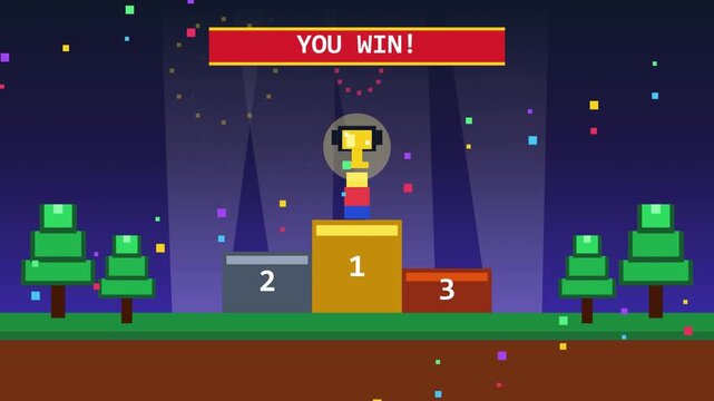 8-Bit Pixel Art Victory Podium with Gold Trophy and Celebration Confetti