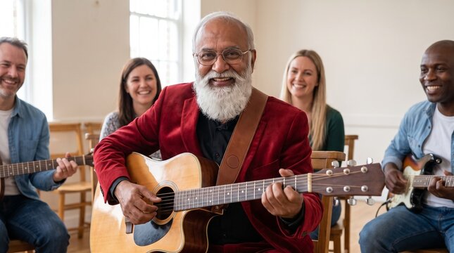 Diverse multi generational group of happy adults learning guitar, enjoying a music class together, fostering community and skill development